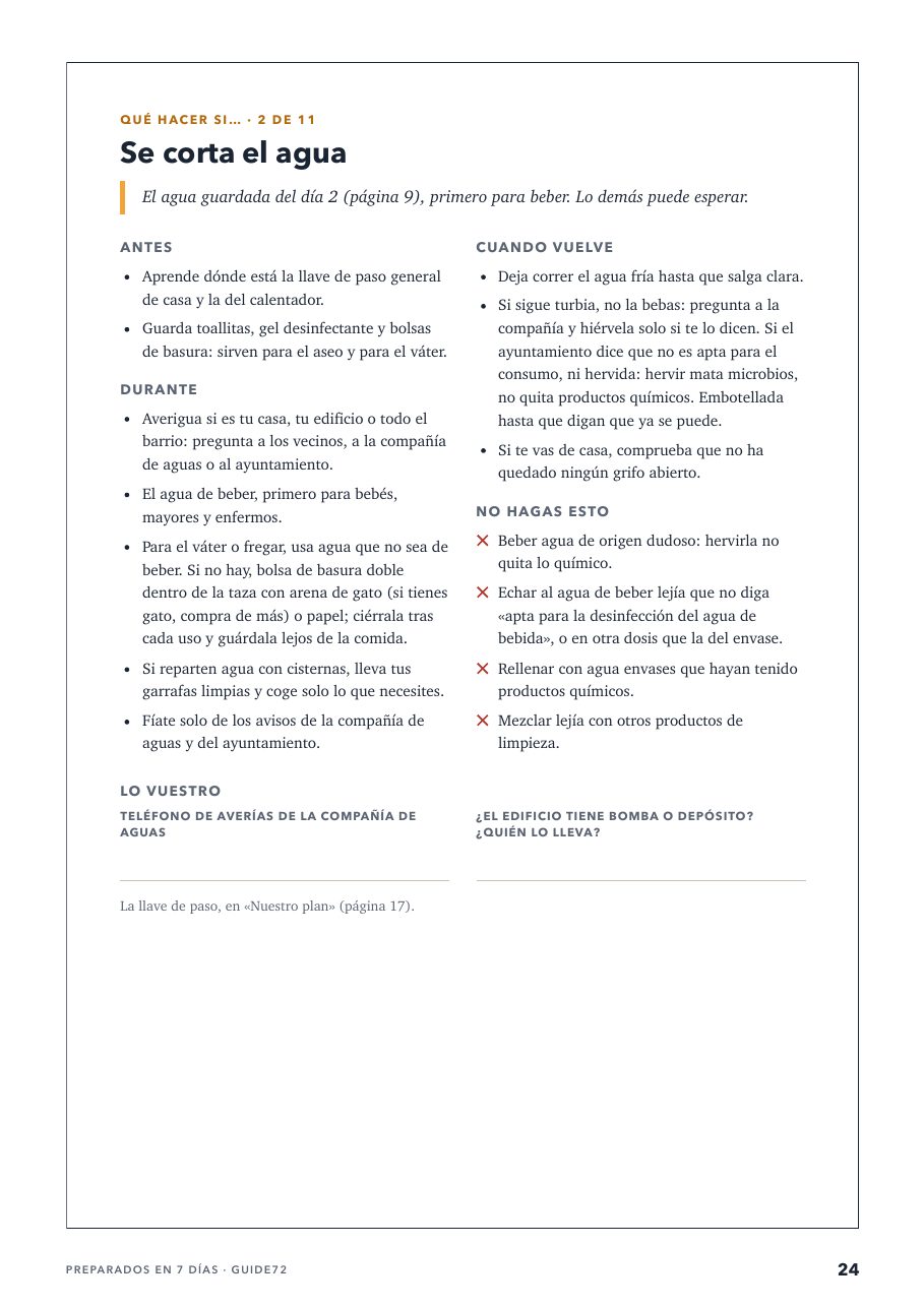 Una ficha «Qué hacer si…»: antes, durante y después, lo que no hay que hacer y un recuadro para rellenar.